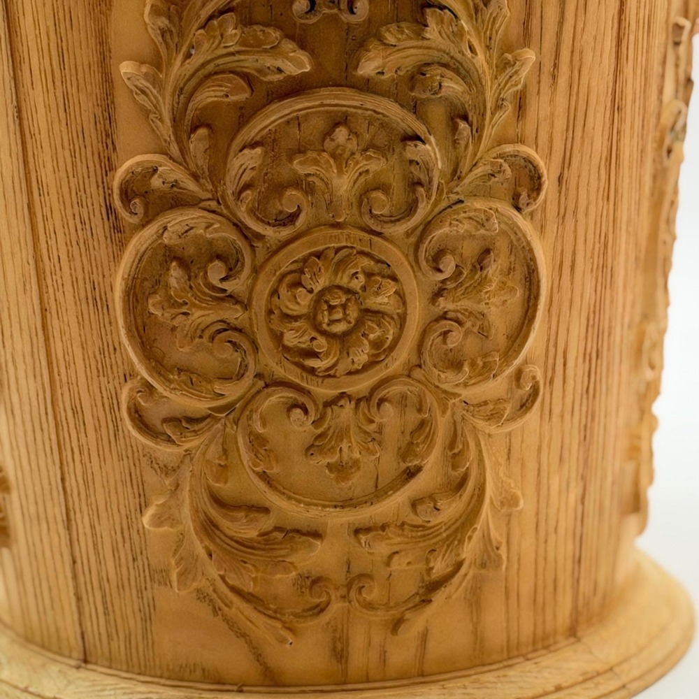 Vintage Syroco Faux Wood Ornate Wastebasket Baroque Floral Relief 11 Inch Tan